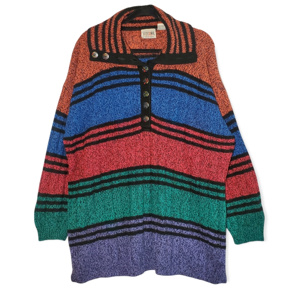 Vintage 80s Stefano International Slouchy Tunic Button Collar Striped Sweater